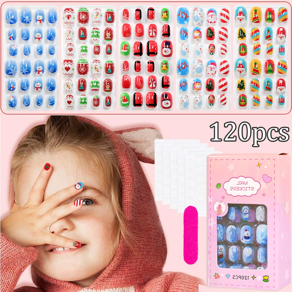 

120 шт., красные, зеленые снежинки, детские накладные ногти, рождественские милые мультяшные ногти Санта-Клауса, рождественский маникюр принцессы для девочек