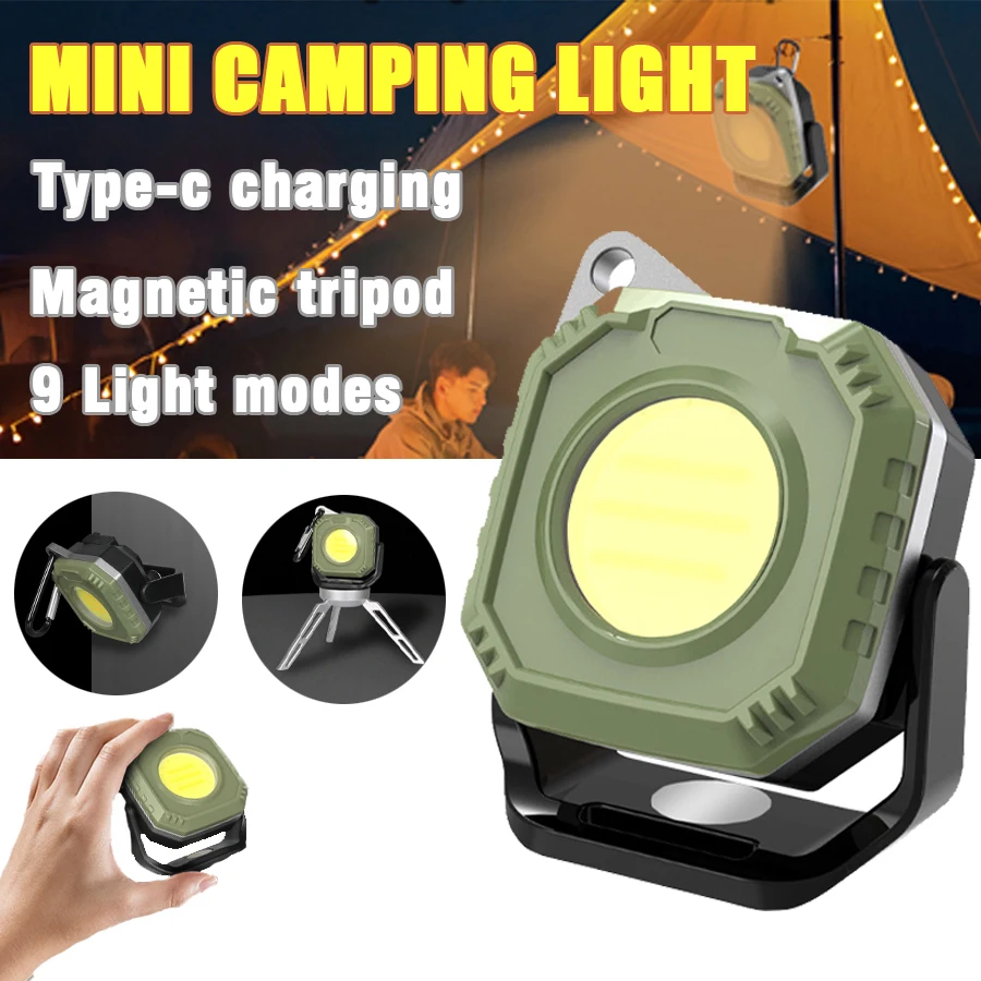 Portable Mini LED Camping Light with 9 Modes COB Flashlight USB Rechargeable,Battery Display Torch Magnetic Tripod Work Light