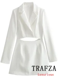 TRAFZA-Blazer Vintage Décontracté et Chic pour Femme, Robe à Col en V, Manches sulf, Vestes à Volants, Mode, Printemps Été, Élégant, Vêtements d'Extérieur, 2024