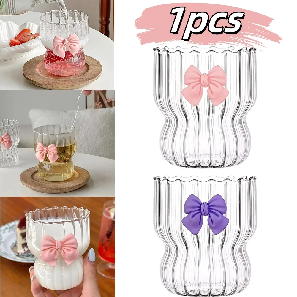1pcs Cute Bow Glass Cup Clear Striped Water Cups Striped Water Coffee Cup For Beer Milk Beverages Cocktails Drinking Water Tool