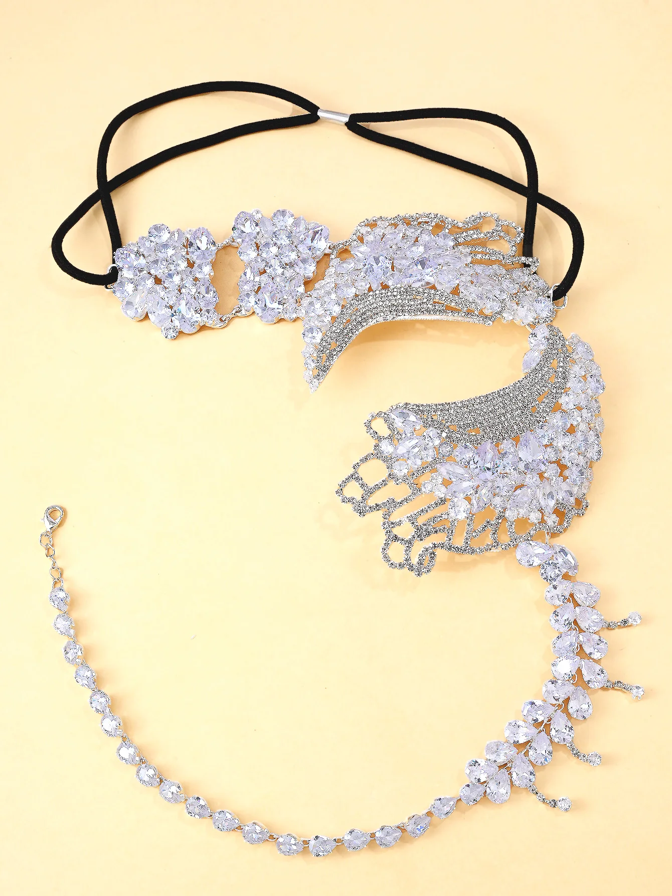 StoneFans Crystal Zircon Mask Half Rhinestone Stretch Cord Fashionable Accessory for Halloween Prom with Exaggerated Personality