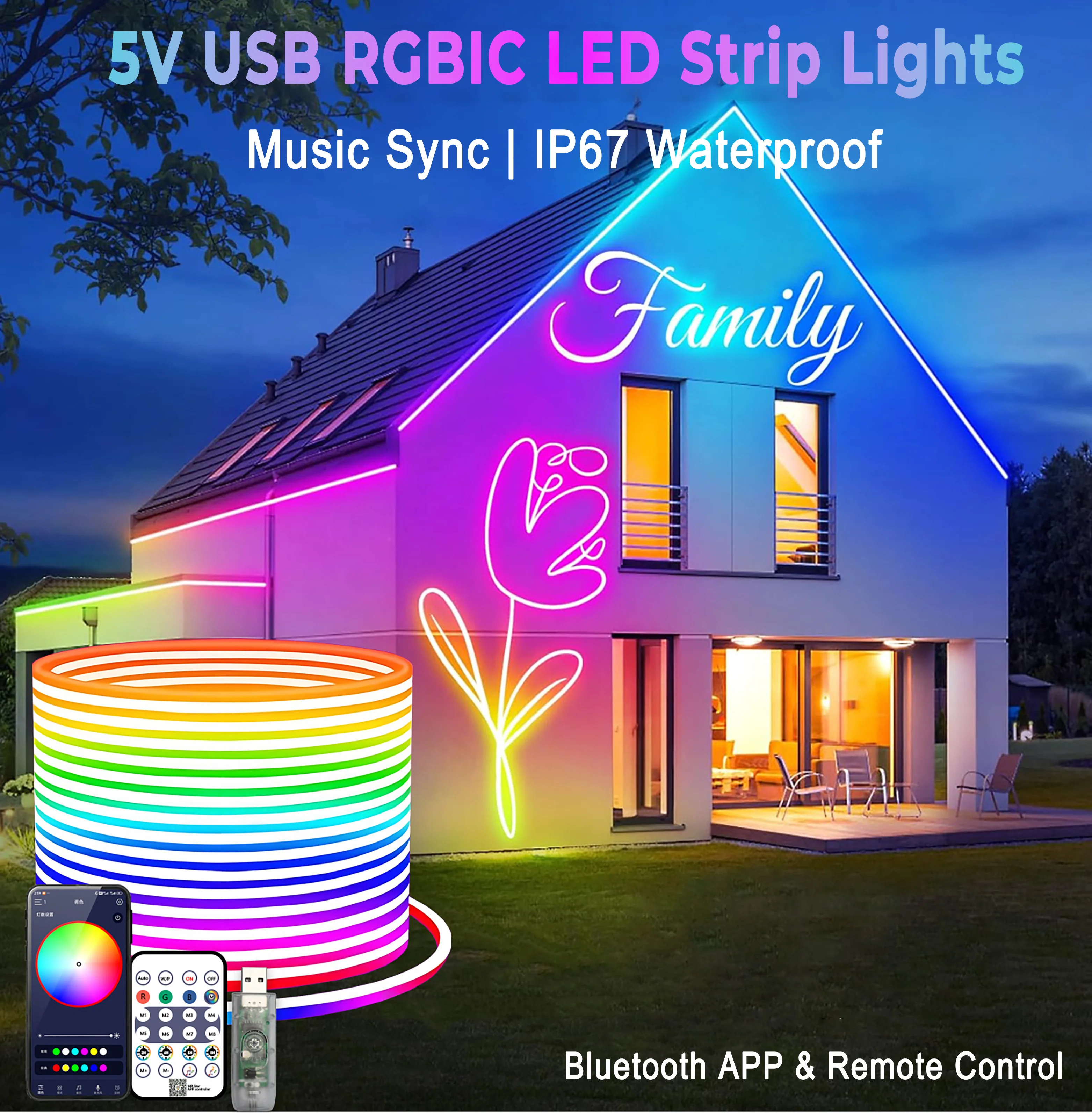 

RGBIC LED Neon Strip Lights, 16 Million Colors, Bluetooth Music Sync, IP65 Waterproof, Flexible Neon Strips for Indoor/Outdoor
