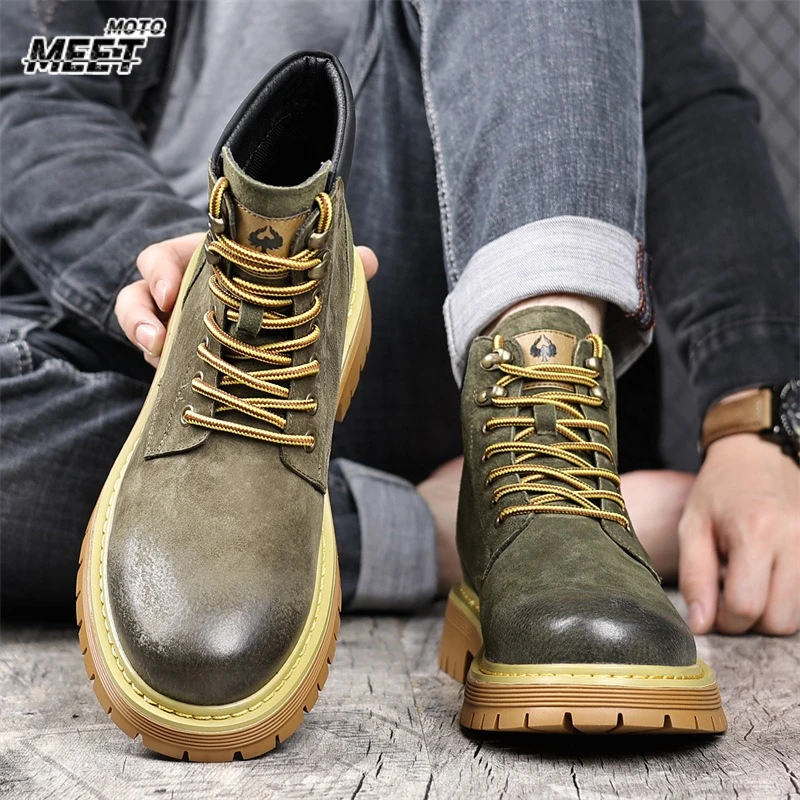 Men's Leather Boots Trend Motorcycle Boot Outdoor Non Slip Work Boots Comfortable Platform High-Top Boots Botas De Motociclista
