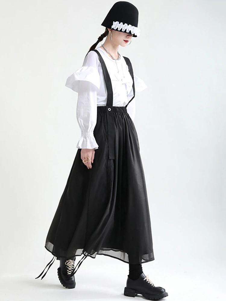 [EAM] High Waist Black Drawstring Irregular Long Strap Half-body Skirt Women Fashion Tide New Spring Autumn 2024 1DE2821