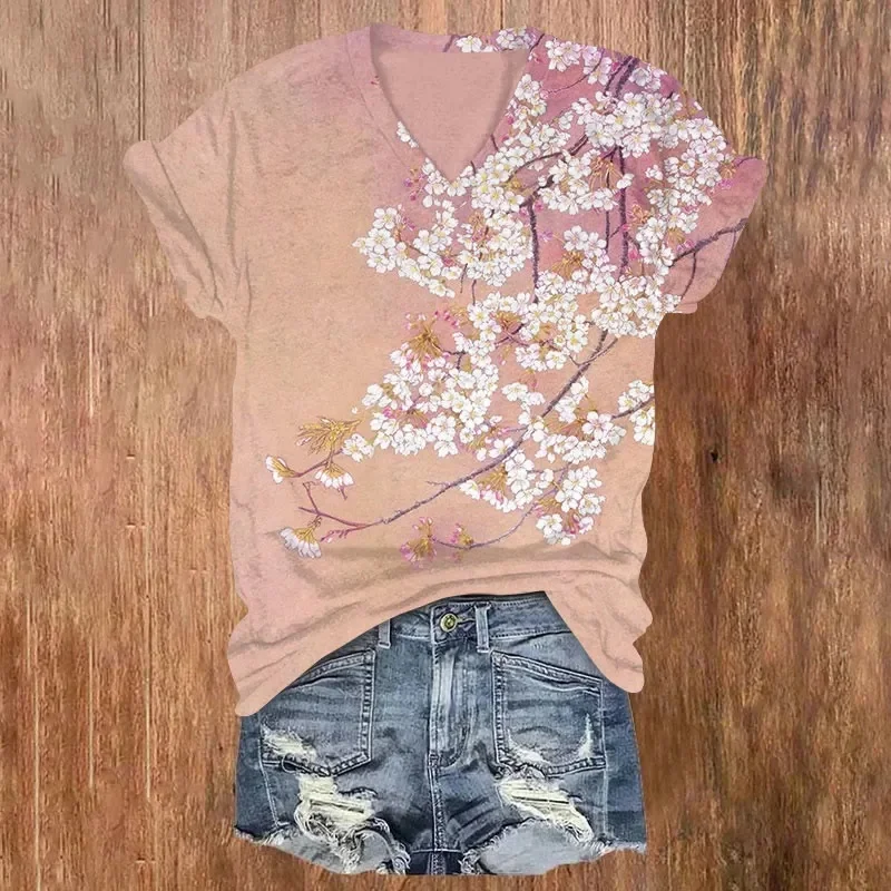 Vintage Crape Myrtle Flower Art Print V-neck T-shirt Summer Women's T Shirts view 4