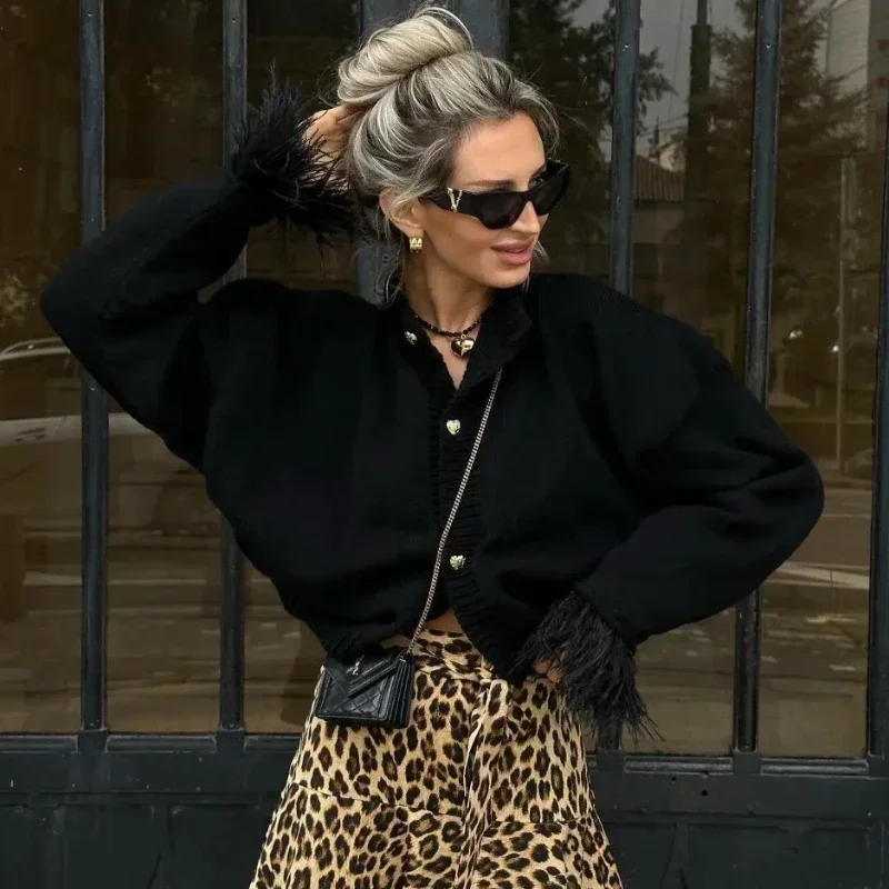 ريشة المرقعة سترة المرأة متماسكة موضة واحدة الصدر الياقة المدورة فضفاضة طويلة الأكمام البلوزات معطف أنيق غير رسمي للحفلات #2