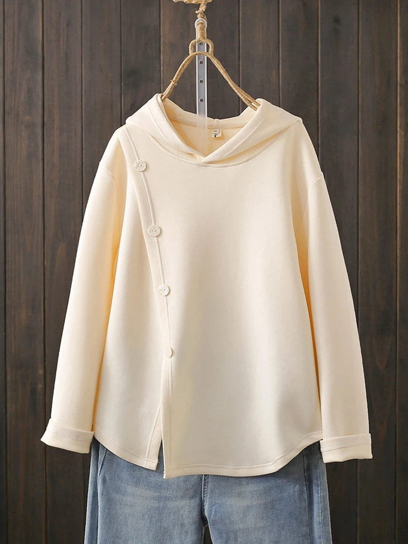 

Loose Long Sleeve Hoodie Women's Vintage Korean Style Pure Color Jacket Button Design Spring Autumn plus Size Outerwear