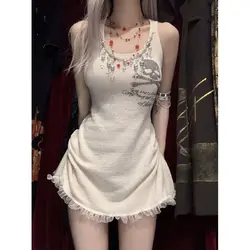 Gothic Mini Dress Women Summer Y2k Tank Dress Skull Print Lace Patchwork Sleeveless Streetwear Bodycon Harajuku Goth Sundress