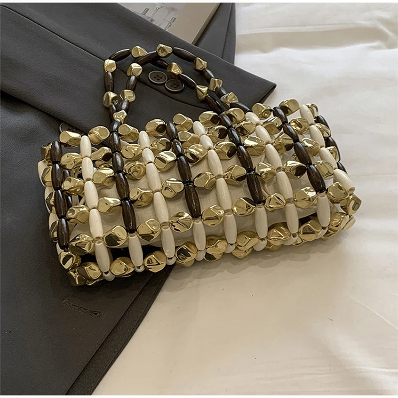 Ausgehöhlte Holzperlen-Handtasche mit gewebtem Obergriff und Canvas-Innentasche mit Kordelzug, koreanische leichte schicke Strandtasche für Damen – Detail 7