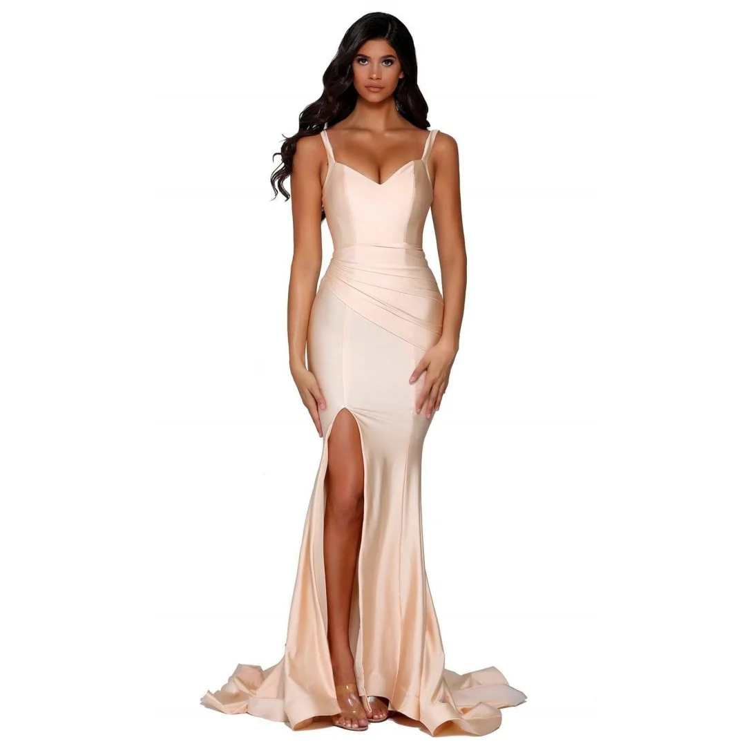 

Champagne Spaghetti Straps Mermaid Evening Dresses Satin V-neck Pleated Ruched Long Party Dress Sexy Side Split Cocktail Gowns