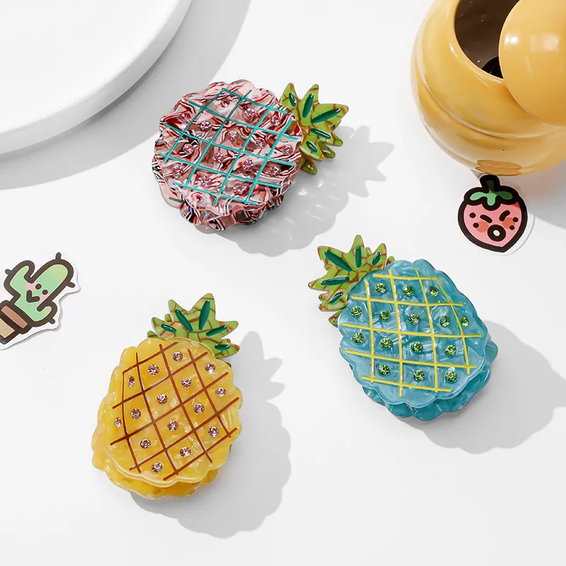 

Cartoon Fruit Dopamine Pineapple Shark Hair Clips Cute Ananas With Diamond Acetate Hair Claw Shark Girl Hair Accessoires