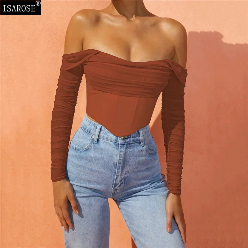 ISAROSE Women Y2K Corset Sexy Backless Autumn Solid Color Stretch Mesh Off-shoulder Long Sleeve Fishbone Inside Zipper Crop Tops