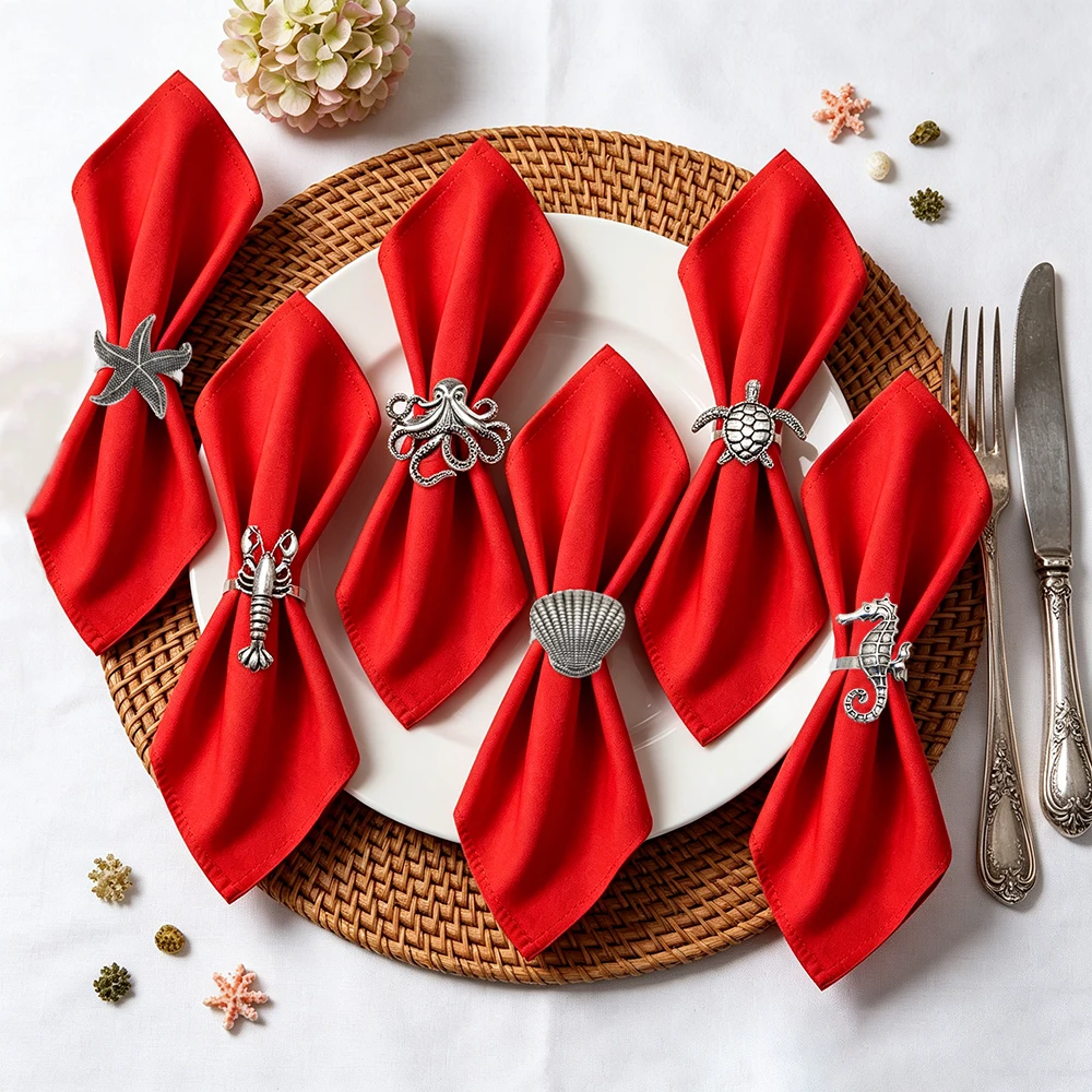 12Pcs Dvianna Assorted Sea Animal Napkin Rings, Antique Gold Lobster Octopus Turtle Napkin Holders for Beach Table Decor
