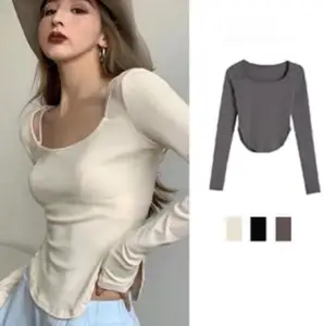 Korean Women's Irregular Long-sleeved Slimming Solid Color T-shirt Top Crop Top