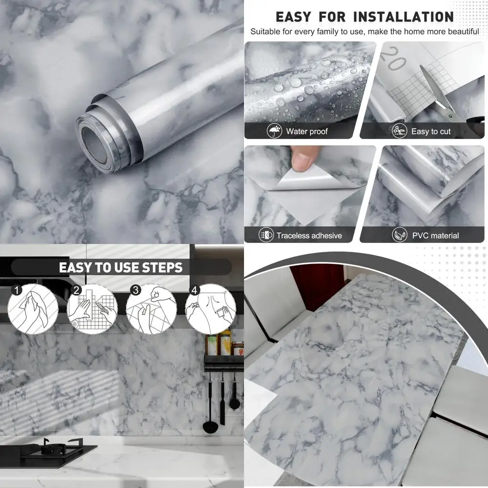 ورق اتصال رخامي لامع مقاوم للماء ذاتي اللصق وقابل للإزالة لأسطح الكونترتوب والأثاث، تصميم أبيض ورمادي