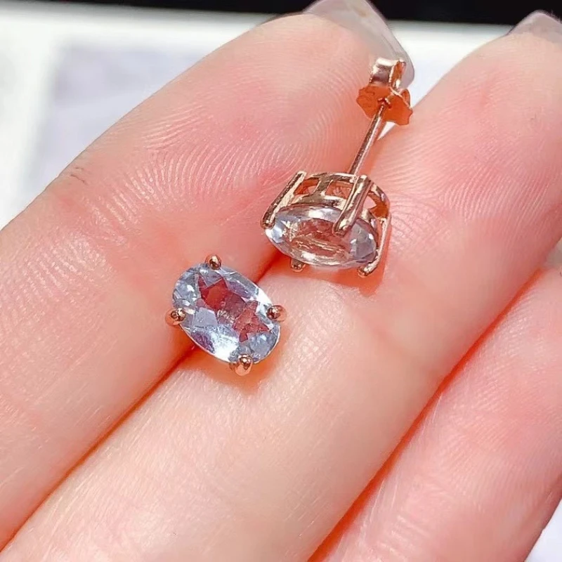 

Small Sterling Silver Stud Earrings Natural Aquamarine Earrings 5mm*7mm 1.4ct Real Aquamarine 925 Silver Jewelry
