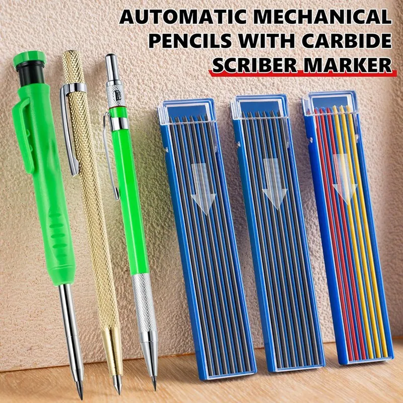 7 PCS Carpenter Mechanical Pencil 2-In-1 Set With Solid Refills Plastic Carbide Scriber And Deep Hole For Architect DIY Projects