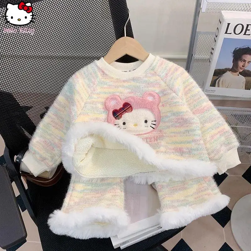 

Kawaii Girl Hello Kitty Thickened Long Sleeve Suit Anime Autumn Winter New Cartoon Embroidery Sanrio Winter Sweatshirt Sweatpant
