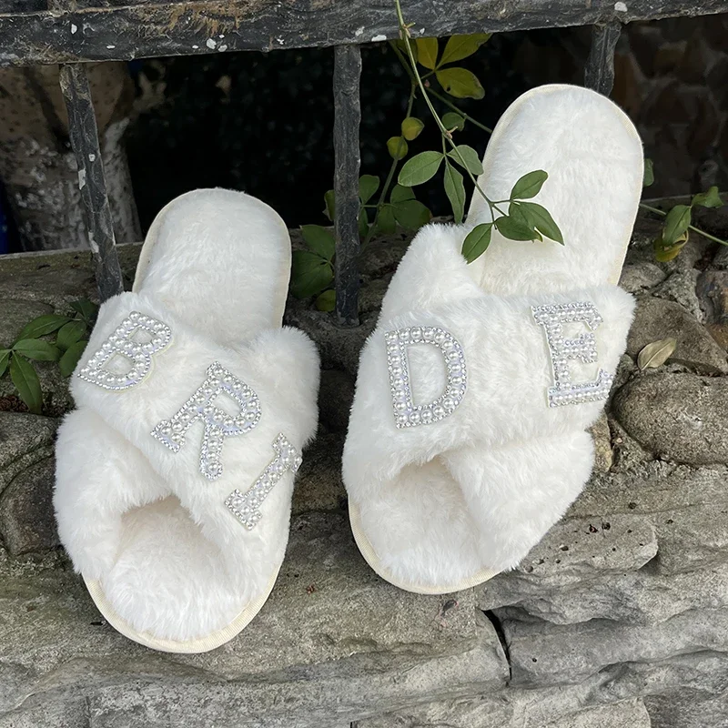 BRIDE/WIFEY Fluffy Slippers Bride Honeymoon shower slippers Bridesmaid Romantic Gifts Wedding Photo Props Wedding party decora