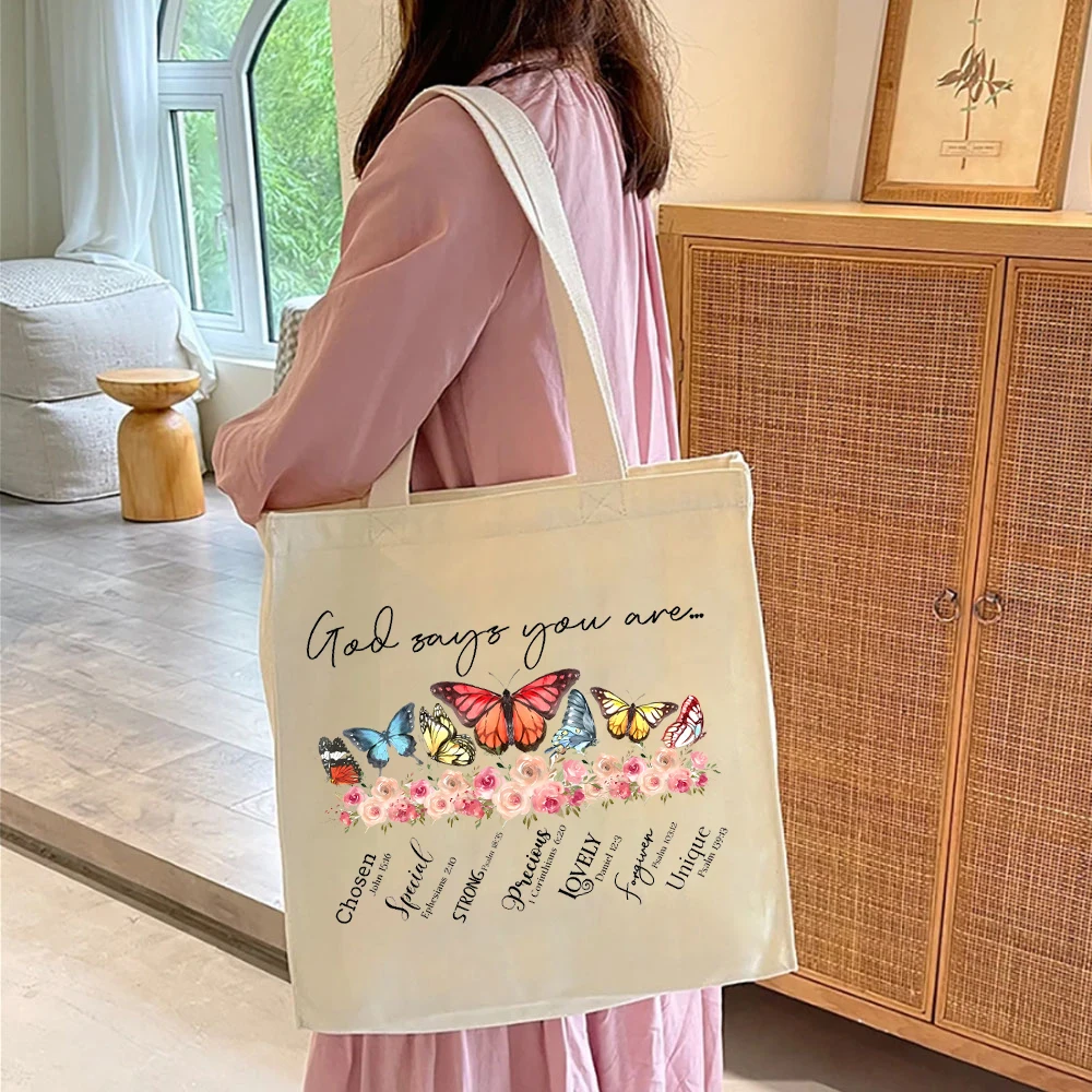 Bolsa de lona con estampado de Dios dice que eres para mujer, diseño bohemio, verso de la Biblia, cita religiosa, regalo de oración de Iglesia, Shopper Cristiano