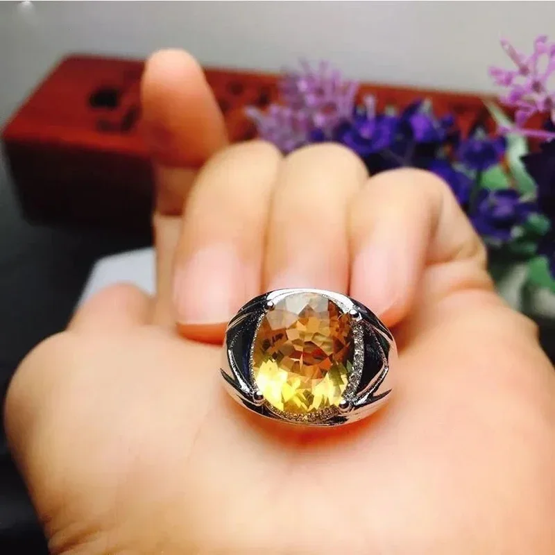 Three-dimensional design silver inlaid oval citrine men's ring opening domineering sparkling business style luxury jewelry