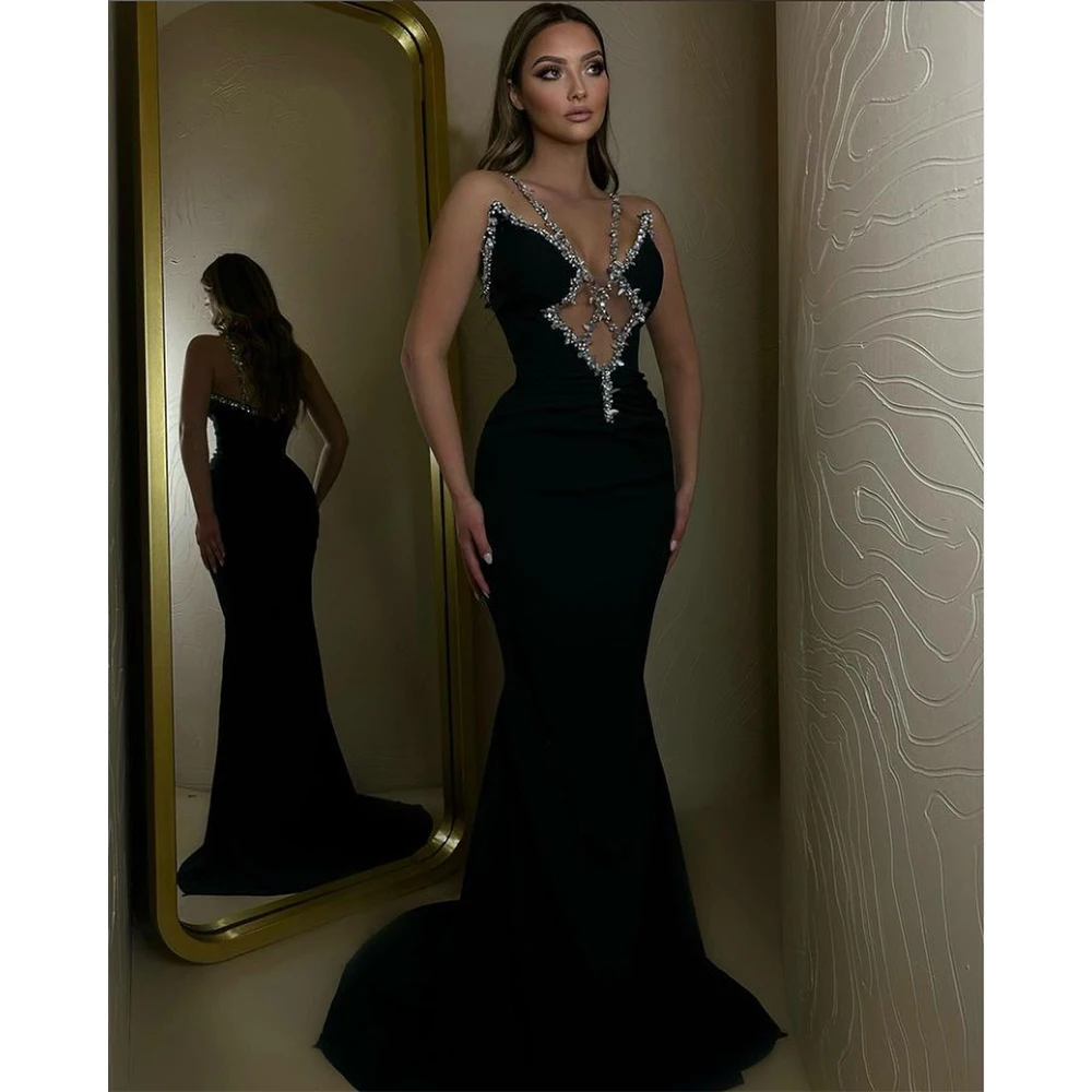 Fashion Sequined Spaghetti Evening Dress Luxury Sweetheart Sleeveless Mermaid Gowns Floor Length Sweep Train Party Prom Dress