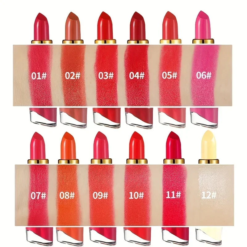 Rouge à lèvres hydratant crémeux 12 couleurs, rouge à lèvres longue durée tour penchée maquillage pour femmes et écolière maquillage pour les lèvres débutants