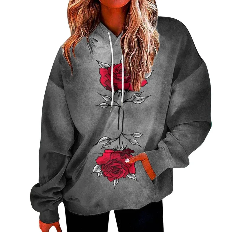 2024 Spring and Autumn Gradient Elements Rose Pattern Simple Hooded Sweatshirt Casual Loose Fit Plus Size Women's Teen Daily Hoo