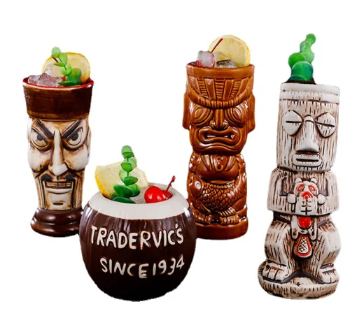 Hawaii Ceramic Tiki Mug Creative Cocktail Cup Easter Island Tiki Mugs Halloween Gift for Bar Tool