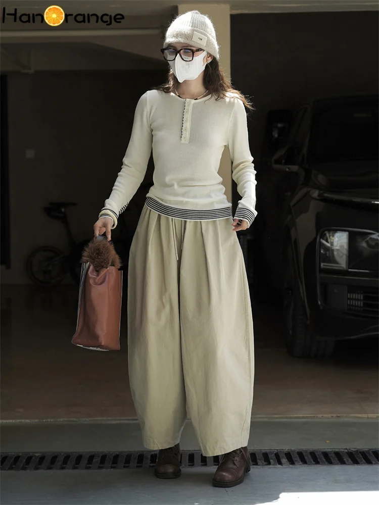 HanOrange 2025 秋 ドローストリング イラスティックウエスト ワイドレッグパンツ レディース ルーズパンツ アプリコット/ダークグリーン/ネイビーブルー/ディープレッド