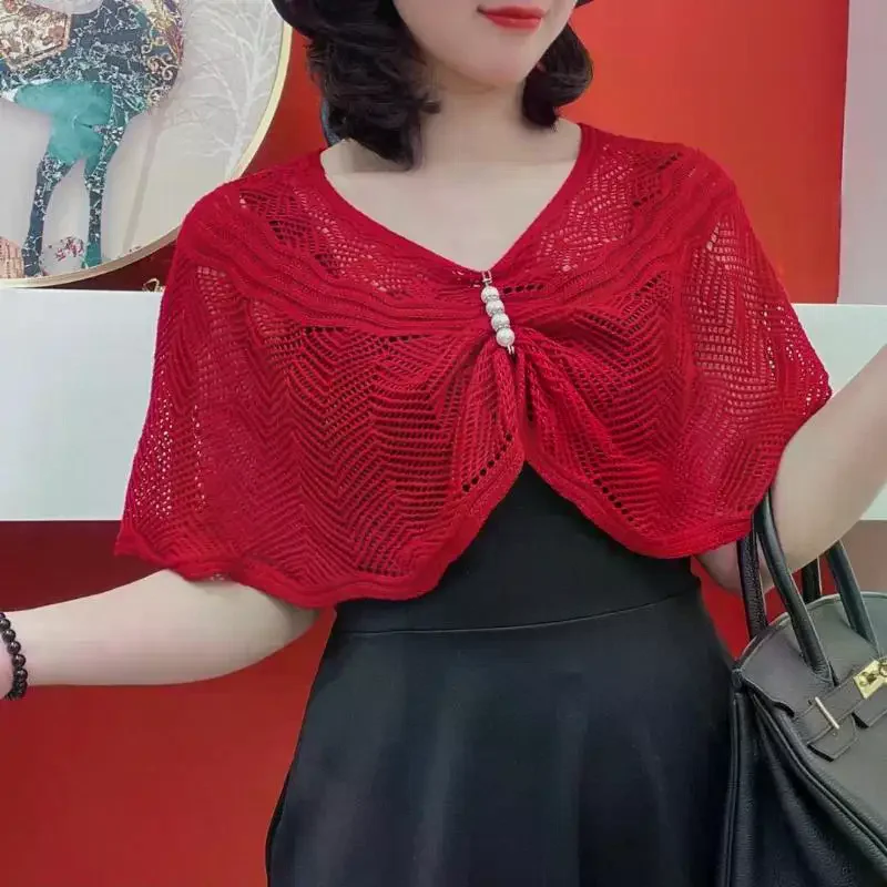 Women's Solid Color Cotton Knitting Shawl Summer Sun Protection Scarf with Pearl Pin Decorated Hollow out Poncho