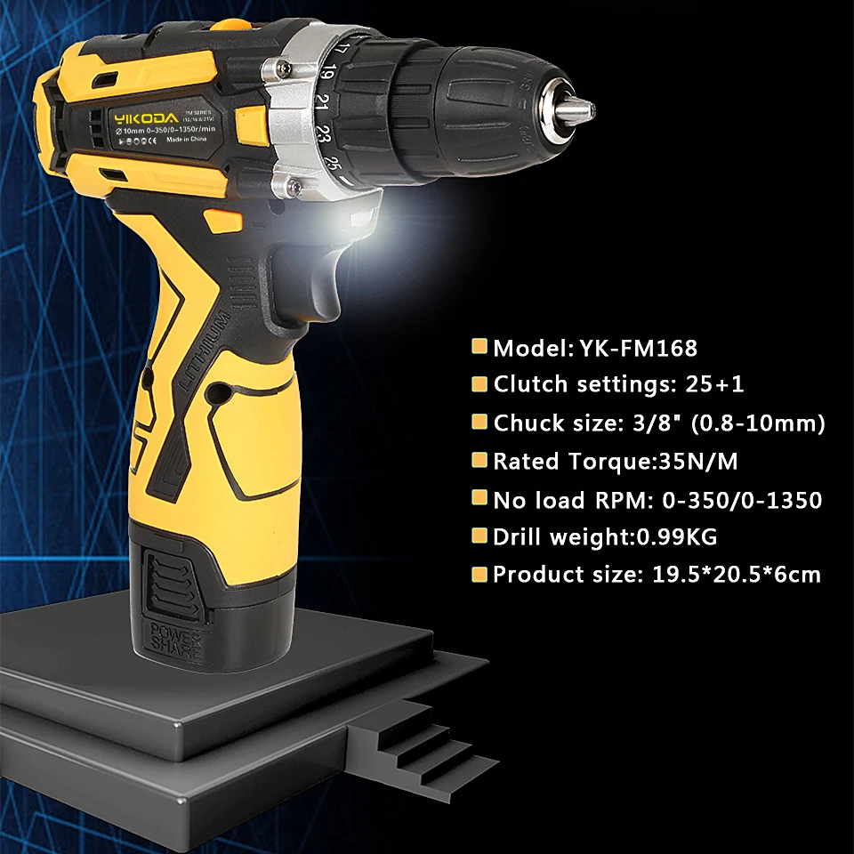 YIKODA 16.8V Rechargeable Cordless Drill Electric Screwdriver Lithium Battery Household Multi-function 2 Speed Power Tools