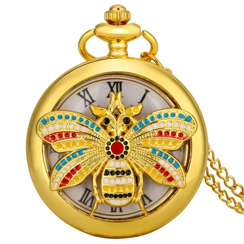 Luxury Yellow Gold Pocket Watch Hollow Out Bee Cover Men Women Quartz Analog Clock Roman Number Dial Fob Sweater Chain Timepiece