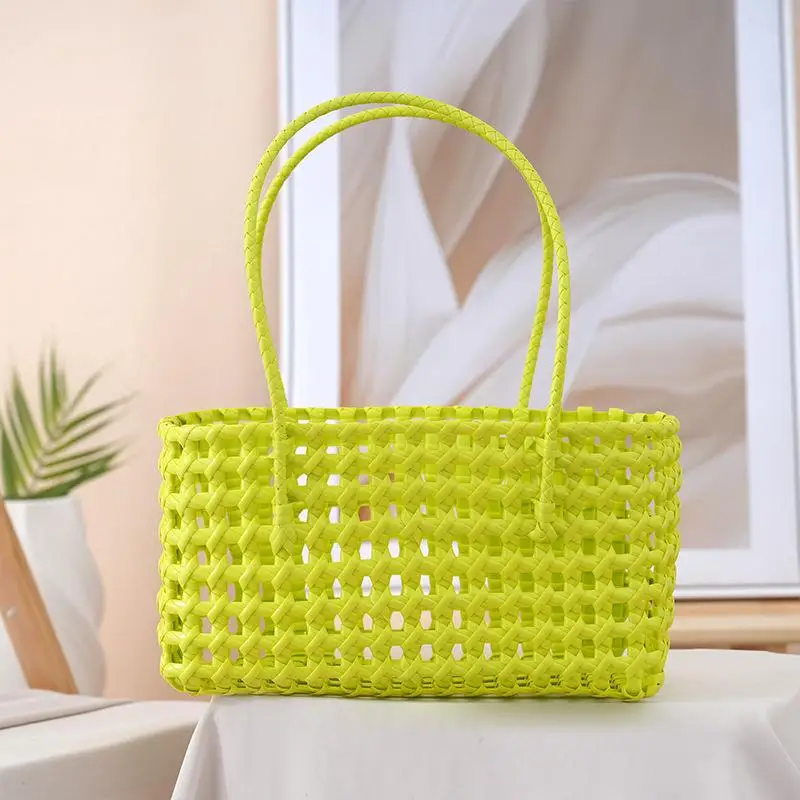 Beach Tote Stylish Women’s Bag with Plastic Hollow Weave Perfect for Seaside Adventures