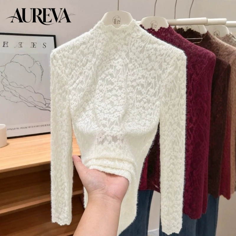 Women's Elegant Half Turtleneck Lace Base Layer Top Brushed Thick Slim Fit Inner Wear High Sense Blouse Fashionable Layering Top