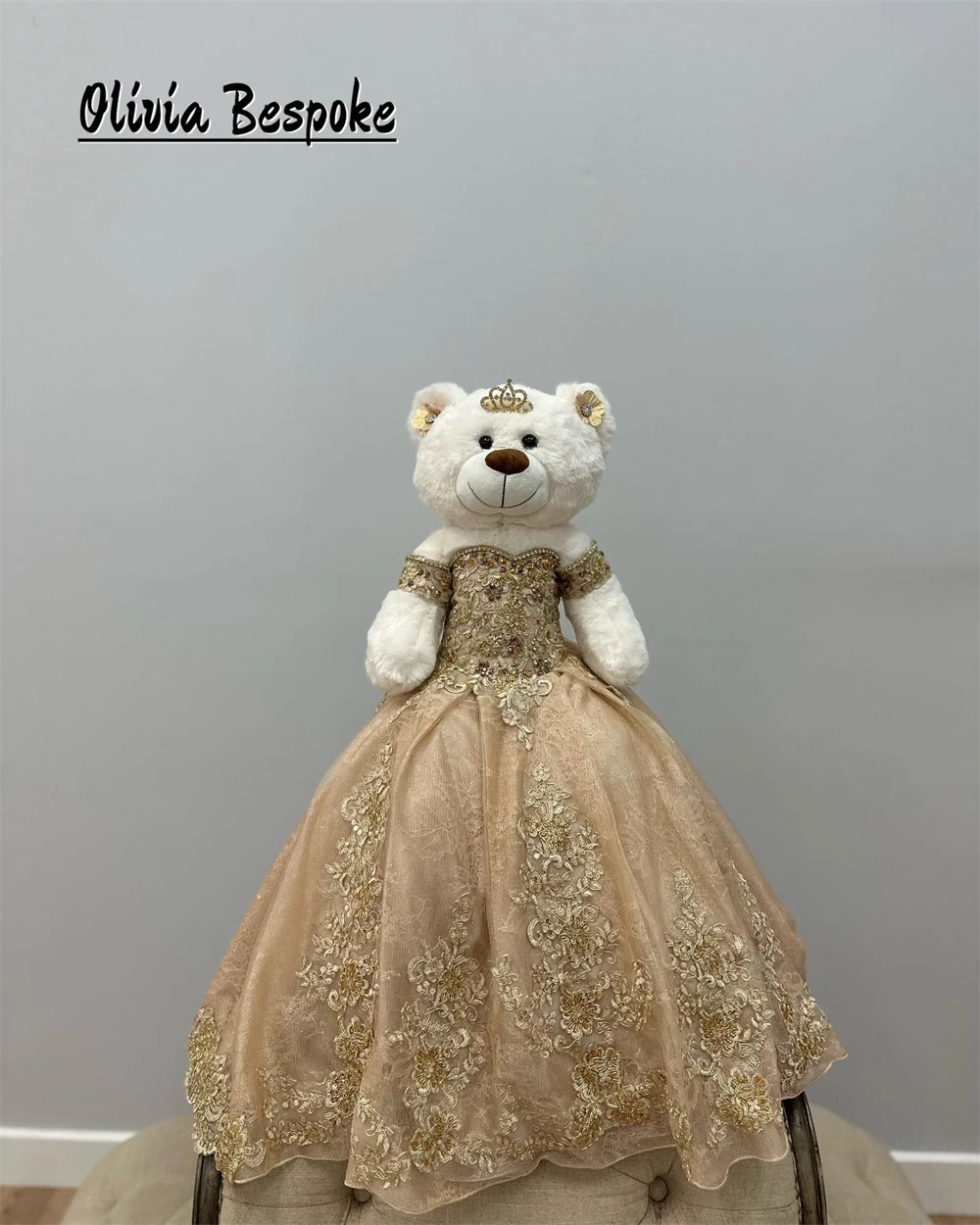 Excellent Champagne Personalized Quinceanera Teddy Bear Dresses Beaded Lace Appliques Quince Gift For Little Girls Ruffles