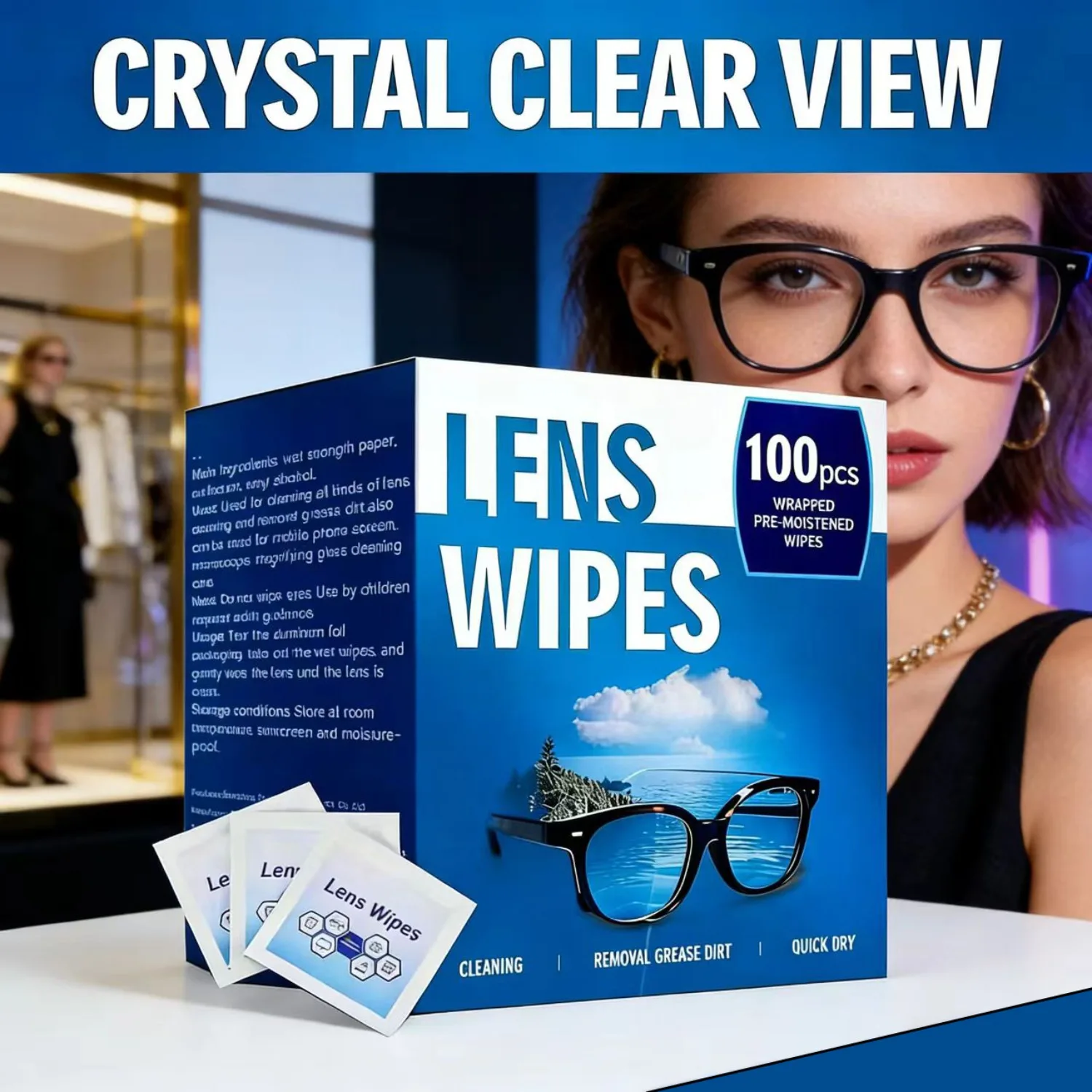

100-pack moisturizing eyeglass cleaning wipes, fast-acting formula - no residue - powerful dust removal wipes