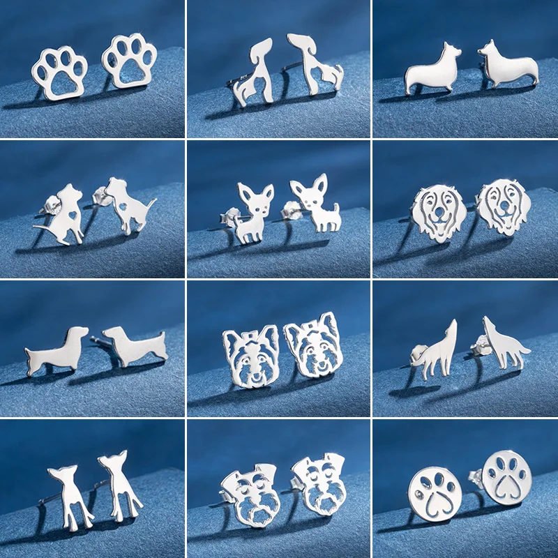 Cartoon Fashion 925 Silver Needles Animal Piercing Earrings for Women Dachshund Chihuahua Dog Paw Ear Studs Girls Birthday Gifts