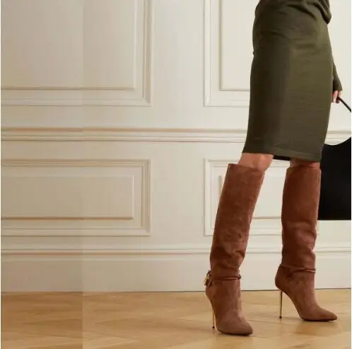 

Autumn Women Brown Black Suede Gold Lock Iron Heels Knee High Boots Female Zipper Side Party Long Botas Shoes Size 46 Lady