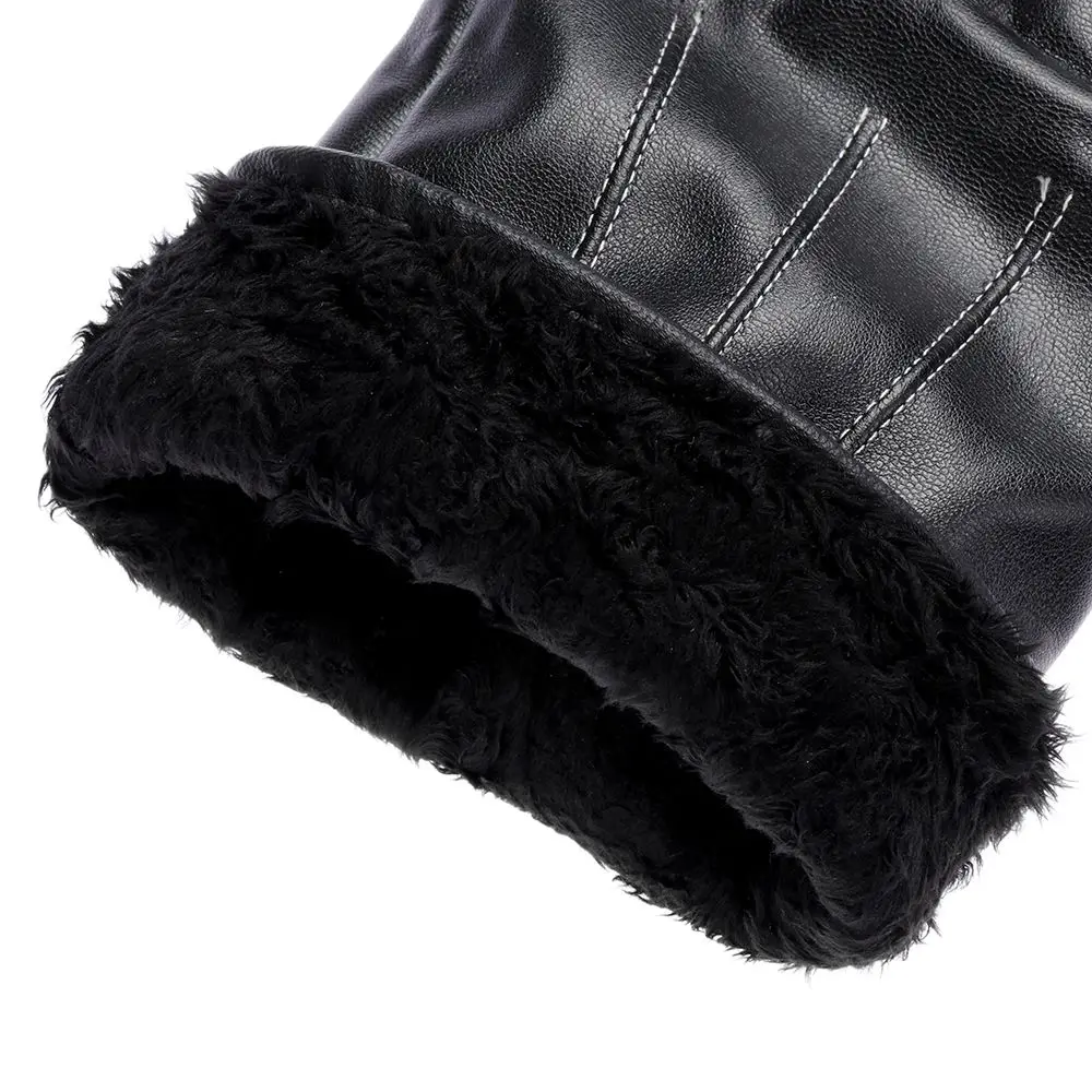 Men Winter Leather Fleece Thermal Leather Gloves  Warm Touch Screen Windproof Waterproof Driving Gloves Full Finger Black Gloves