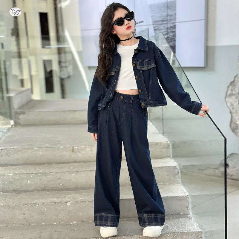 

Girls' Denim Suit for Autumn 2025, New Hong Kong Style Short Jacket, Straight Leg Pants Two-piece Set, Fashionable