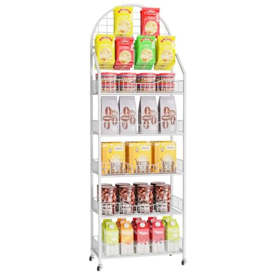 

5-Tier Snack Rack Display Stand Retail Display Rack with Wheels Retail Displays Shelves with Hooks Metal Snack Shelf Heavy Duty