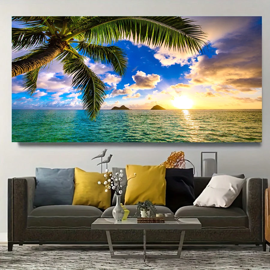 Toile imprimée de paysage marin Art déco contemporain, Art mural Tranquil Beach Palm Ocean Sunset, affiche sans cadre pour salon, chambre à coucher