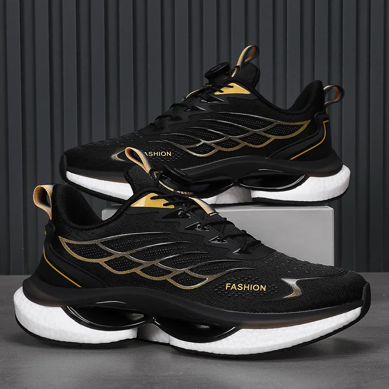 أحذية رياضية رجالية 2025 بزر دوار، أحذية جري شبكية قابلة للتنفس بنعل سميك، امتصاص للصدمات، منخفضة الارتفاع لجميع المواسم