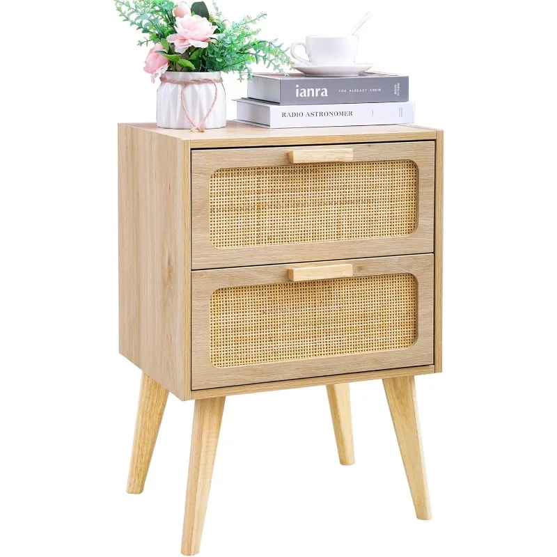 Rattan Nightstand,Bedside Table,Boho Furniture,End Table,Side Table with 2 Hand Made Rattan Decorated Drawers,Wood Accent Table