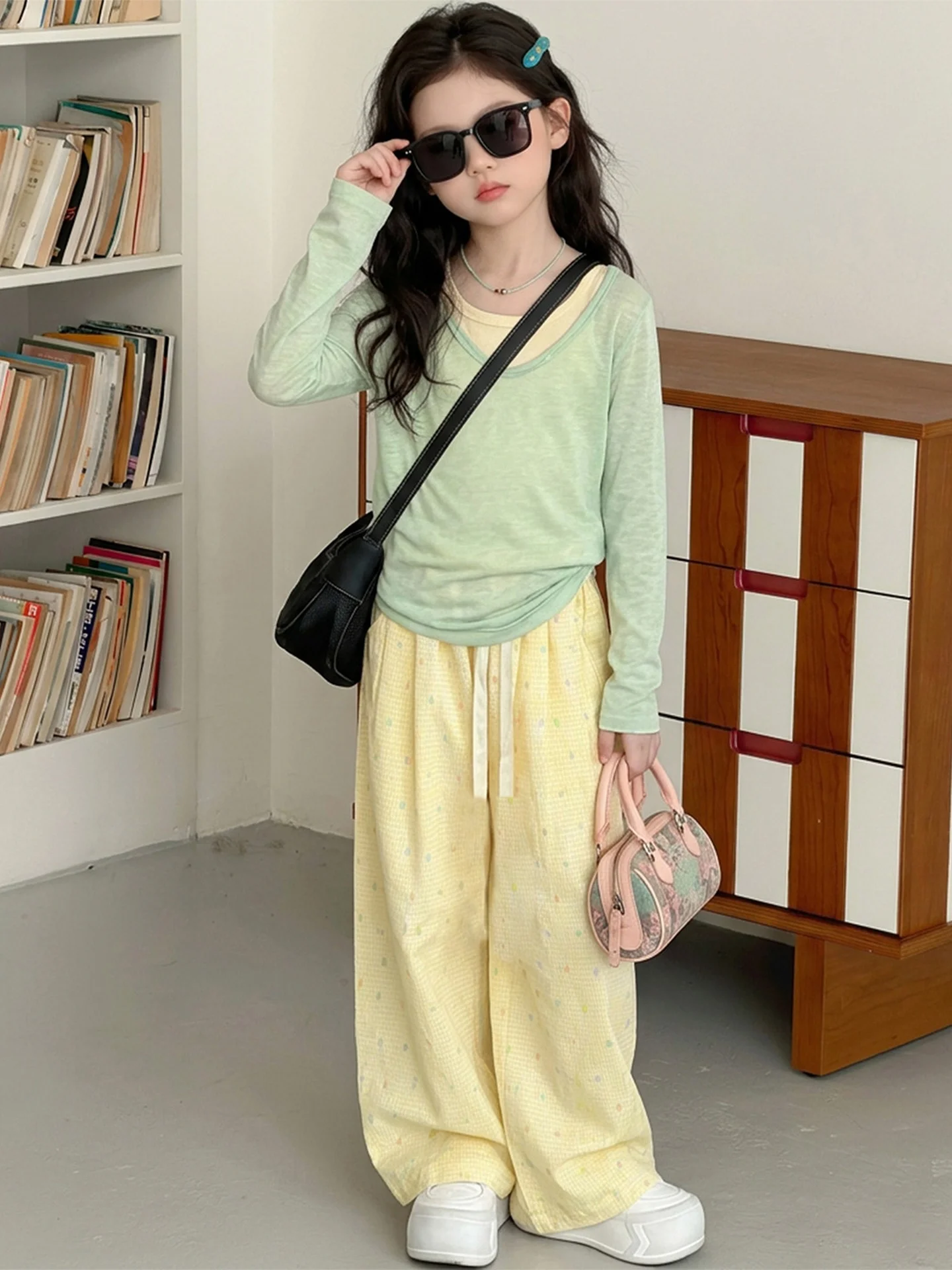 

Spring Faion Children's Outfit Dopane Wide Leg Pants Long Sve Tee Piece Set for Girls High Waist Casual Sle