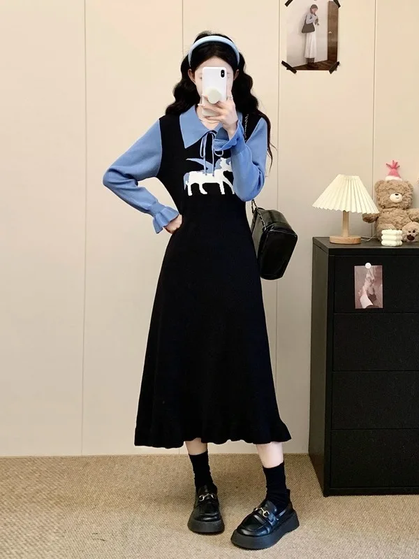 

plus Size Retro Spliced A-Line Dress Women's Autumn Winter New Waist-Cinching Anti-Aging Long Dress Commute Style Long Sleeve