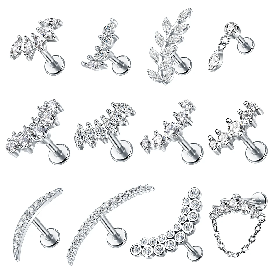 1PC Brinco de Zircônia Curvada para Tragus Feminino, Piercing Labret de Flor com Rosca Interna para Hélice, Joia Corporal