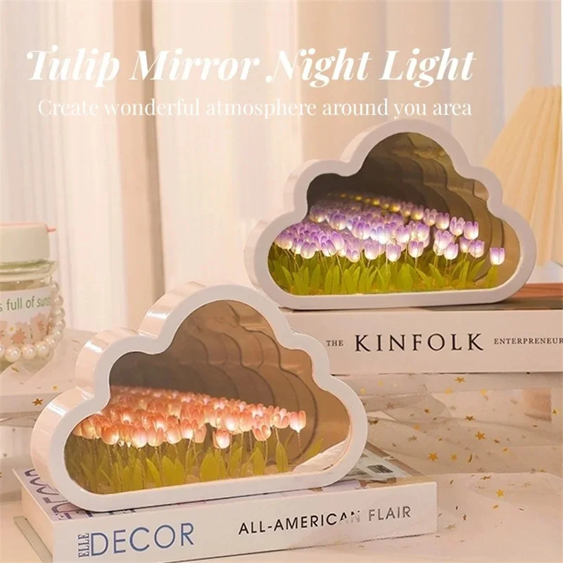 Handmade DIY Tulip Flower Sea Night Atmosphere Lamp Clouds Tulip Lamp LED Night Light Mirror Table Lamp Bedroom Decor Lights