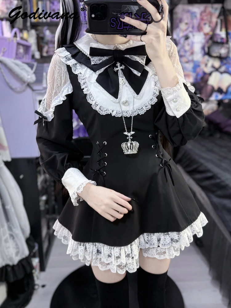 

Japanese Style Lace Cute Bow Black White Long Sleeve Lolita Dress Top and Shorts 2 Piece Set Girl Women's Pink Blue Dress Sets